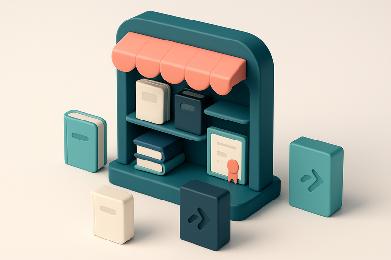 Hero: an isometric illustration of a digital storefront with an array of products like ebooks, software boxes, and onlin