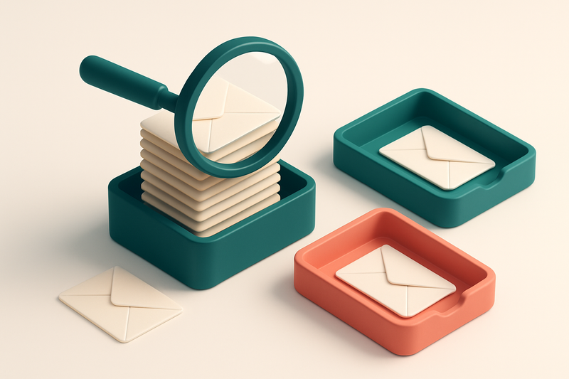 Hero: an isometric email inbox with envelopes being sorted onto a green 'valid' tray and a red 'invalid' tray, a magnify