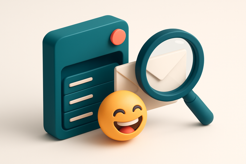 Hero: an isometric email inbox with a magnifying glass and a laughing emoji beside a classic envelope, symbolizing email