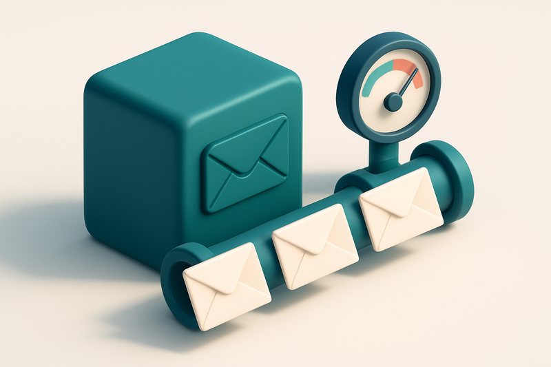 Hero: an isometric email server sending multiple envelopes through a secure pipeline, with a gauge indicating high deliv