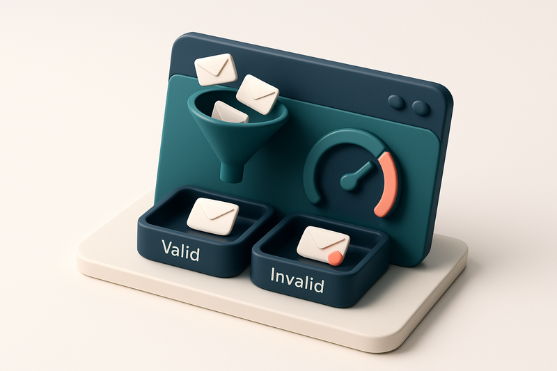 Hero: an isometric dashboard with a funnel pouring email icons into 'valid' and 'invalid' trays, a digital gauge showing