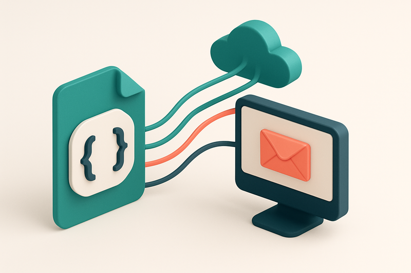 Hero: an isometric illustration of a PHP script interacting with an email server represented by a computer and a cloud,