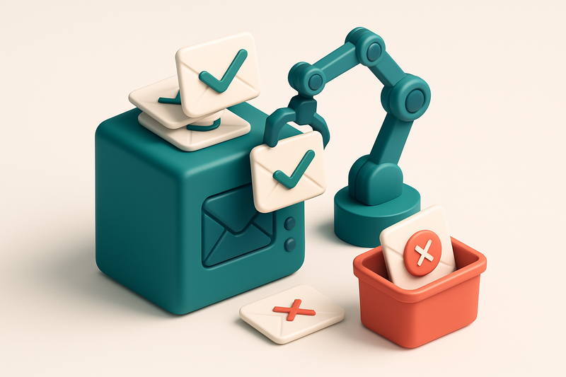 Hero: An isometric email server with green checkmark envelopes being sorted by a mechanical arm, rejected ones falling i
