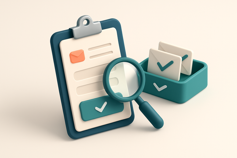 Hero: an isometric email signup form on a clipboard being checked by a magnifying glass, with valid emails sorted into a
