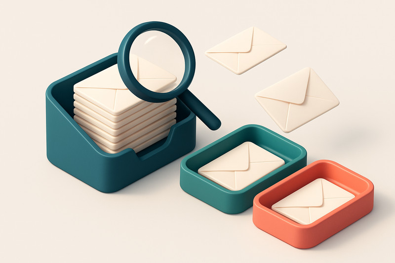 Hero: an isometric email inbox with envelopes being sorted onto a green 'valid' tray and a red 'invalid' tray, a magnify