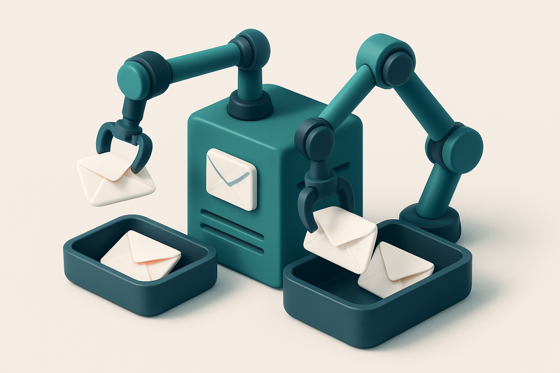 Hero: a 3D isometric illustration of an email server rack with robotic arms sorting emails into trays labeled 'valid' an