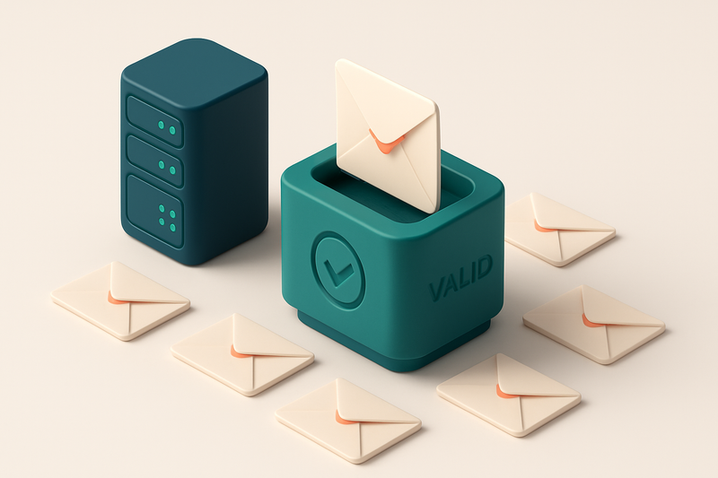 Hero: an isometric server room with an envelope moving through a filter marked valid, surrounded by rejected envelopes o