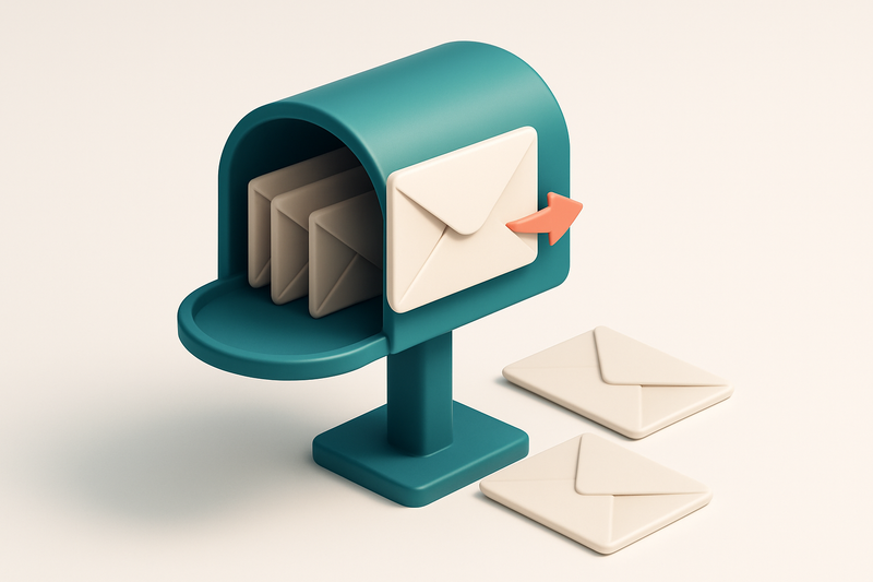 Hero: an isometric digital mailbox with multiple envelopes, one envelope highlighted as 'auto-response' with an arrow po