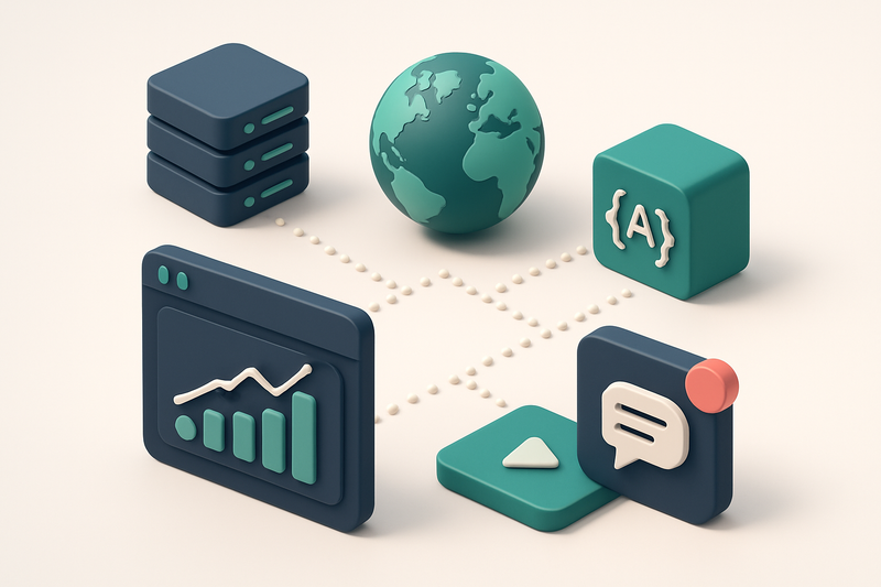 Hero: A 3D isometric illustration of a digital product ecosystem featuring servers, APIs as dotted lines connecting plat
