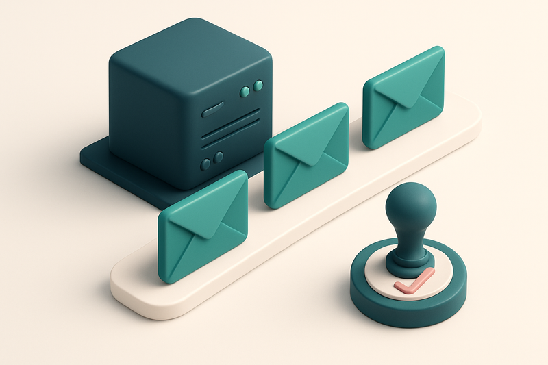 Hero: an isometric dashboard with a server verifying a queue of emails, each moving towards a 'verified' stamp.
