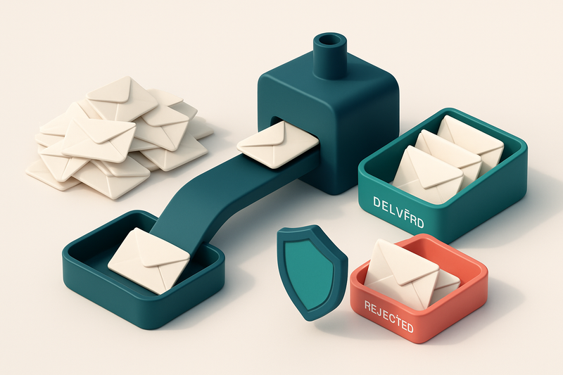 An isometric view of a recruitment funnel with envelopes flowing from a chaotic 'raw list' pile into a sorting machine,