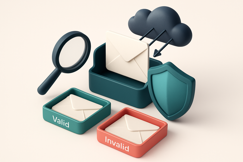 Hero: an isometric email inbox with envelopes being sorted onto a green 'valid' tray and a red 'invalid' tray, a magnify
