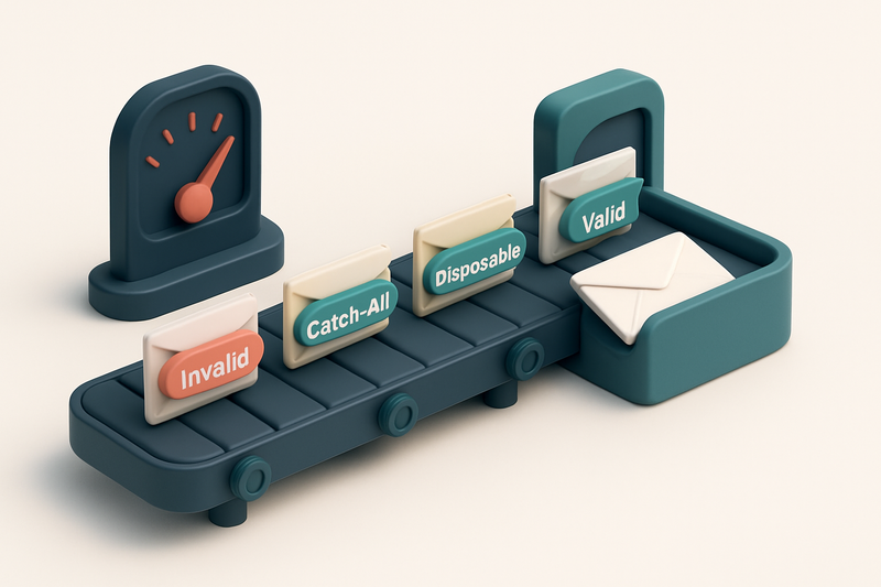 Hero: an isometric email inbox with envelopes labeled 'invalid', 'catch-all', 'disposable', and 'valid' moving along a c