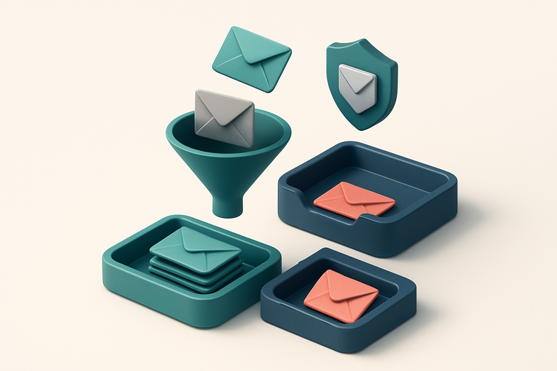 Hero: an isometric email inbox with envelopes flying in from a funnel — green 'valid' envelopes land on a 'deliverable'