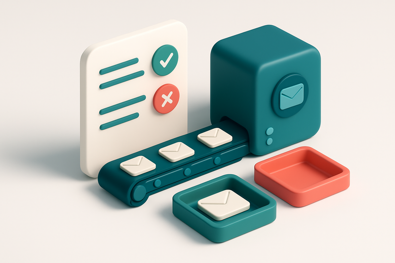 Hero: an isometric view of a digital patient intake form with a green 'valid' checkmark, a red 'invalid' cross, and a se
