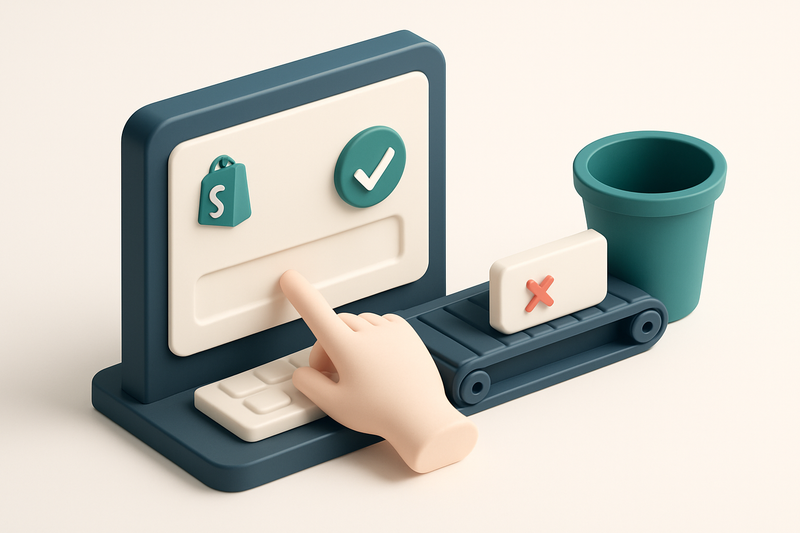 An isometric Shopify app interface with a user entering an email into a form; a green checkmark appears above the input,