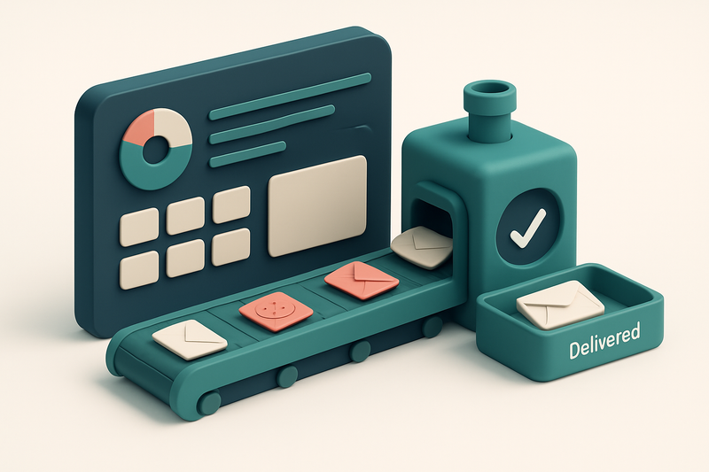 An isometric view of a Salesforce CRM dashboard with a green conveyor belt feeding email addresses into a verification m