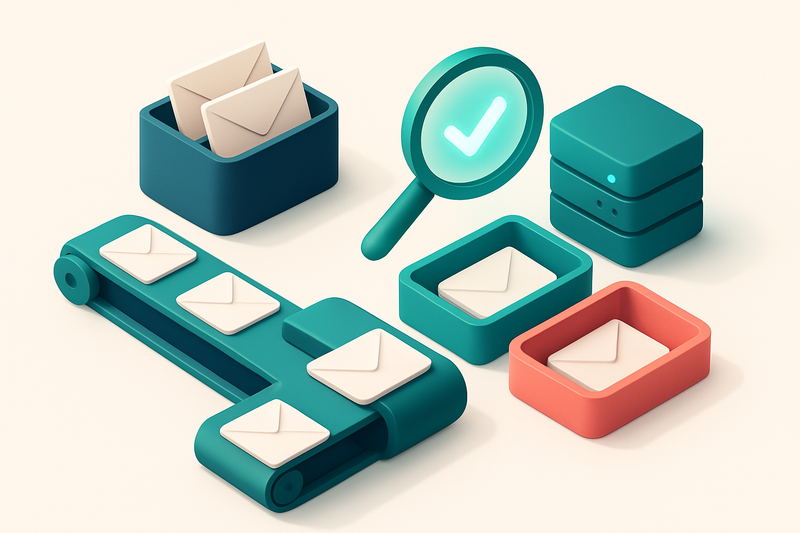 Hero: an isometric email inbox with real-time verification happening — a conveyor belt scans incoming envelopes labeled