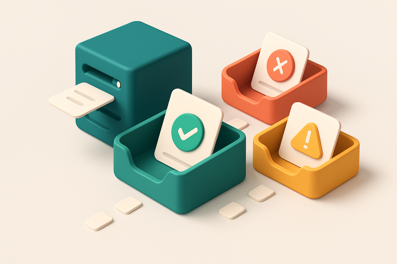 Hero: an isometric email inbox with a green 'valid' tray, a red 'invalid' tray, and a yellow 'risky' tray; a server labe