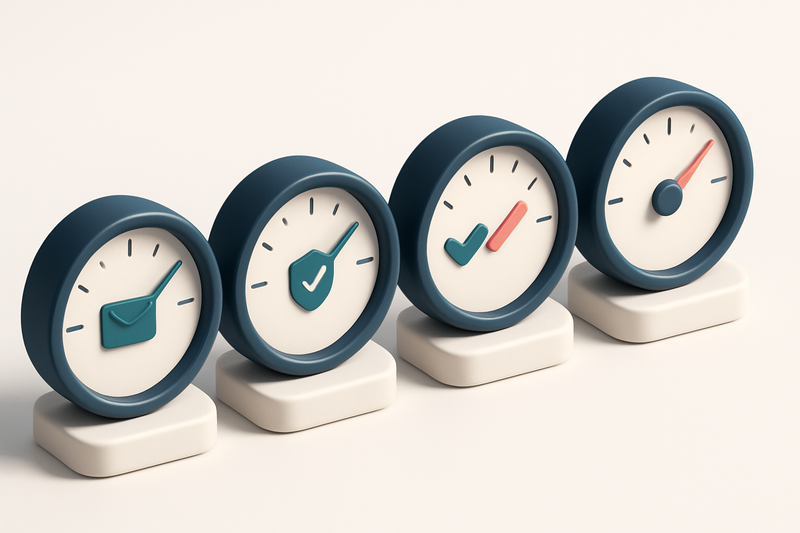a row of four gauges showing inbox placement, sender reputation, SPF/DKIM status, and delivery speed