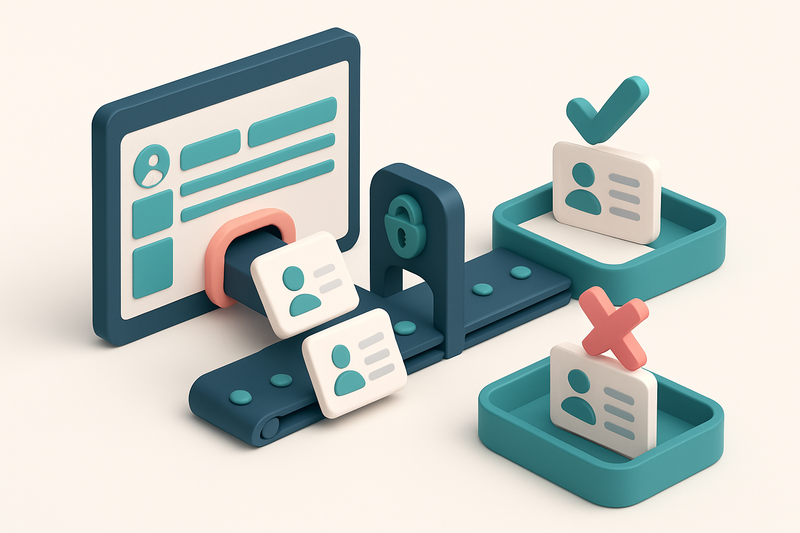 An isometric view of a Monday.com board with contact cards being pulled into a conveyor belt that splits them into two t