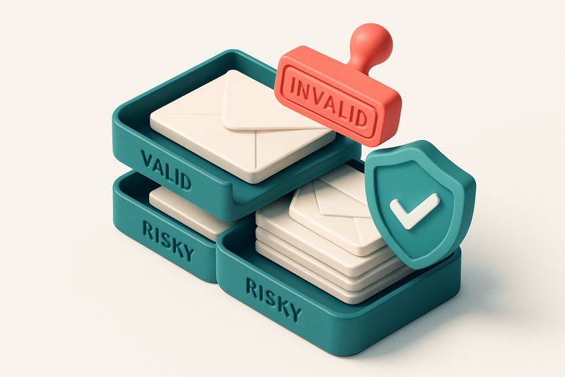 Hero: an isometric inbox with envelopes labeled 'Valid', 'Invalid', and 'Risky' being sorted onto three separate trays;