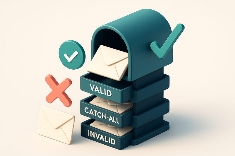 Hero: an isometric mailbox tower with three trays labeled 'Valid', 'Catch-All', and 'Invalid', each containing envelopes