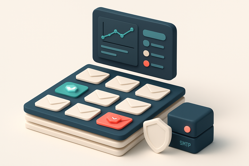 An isometric dashboard floating above a stack of candidate emails, each labeled with an envelope icon; some envelopes gl