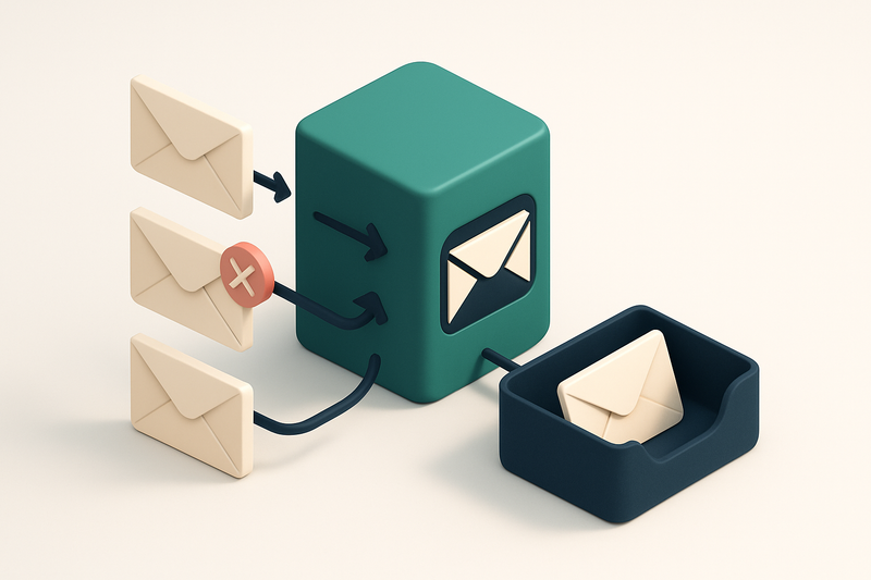 An isometric illustration of a central email server with multiple incoming envelopes labeled 'test@company.com', 'fake@c