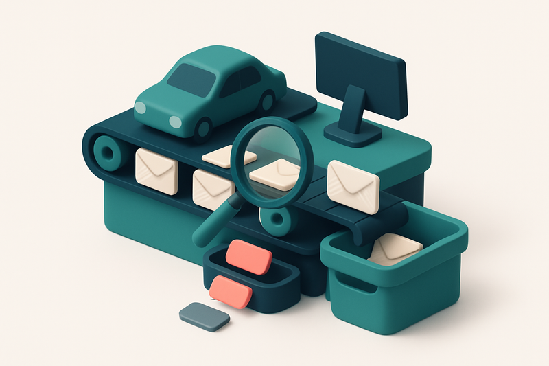 An isometric 3D scene of a car dealership counter with a conveyor belt moving email envelopes labeled 'Lead', 'Test Driv