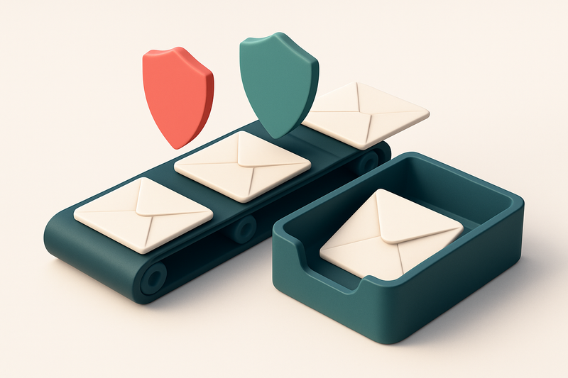 Hero: an isometric inbox with a conveyor belt feeding in envelopes labeled 'valid', 'risky', and 'invalid'; a green shie