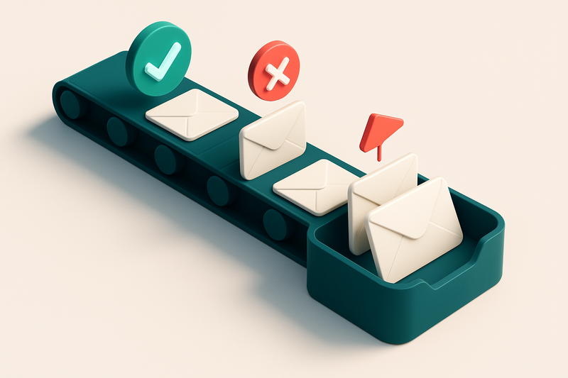 an isometric inbox with envelopes labeled 'valid', 'invalid', 'catch-all', and 'risky' being sorted by a conveyor belt;