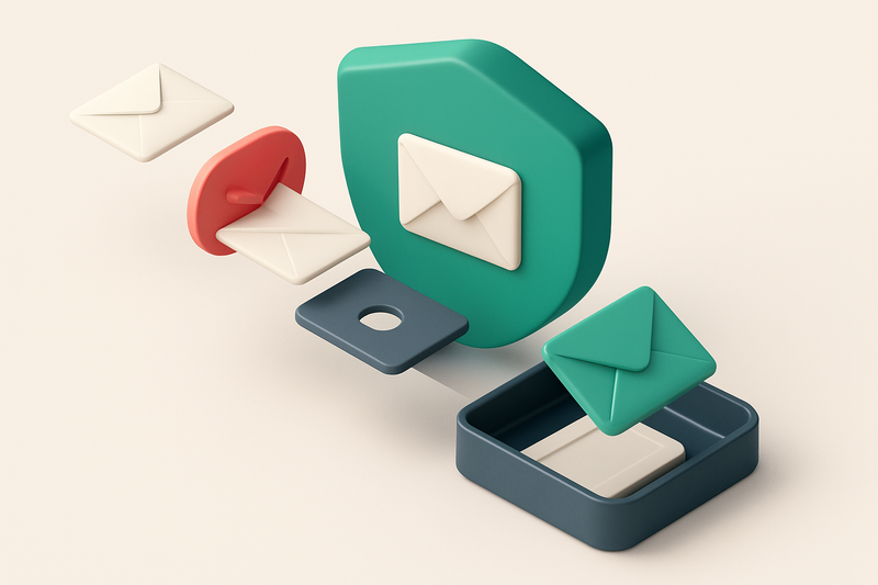 Hero: an isometric view of a large, green 'inbox' shield with an incoming stream of envelopes, one labeled 'invalid' bei