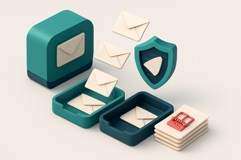 an isometric email inbox with envelopes being scanned by a digital shield, some falling into a green 'valid' tray, other