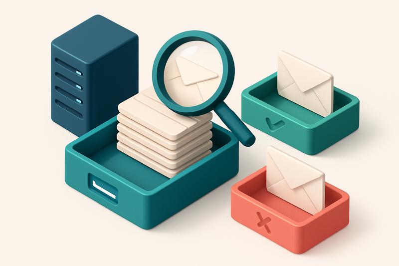 an isometric email inbox with envelopes being sorted onto a green 'valid' tray and a red 'invalid' tray, a magnifying gl