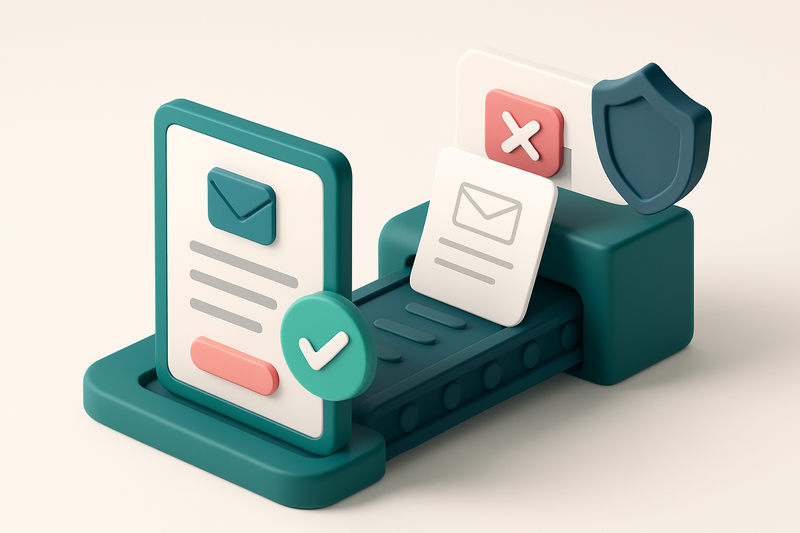 An isometric email form with a green 'verified' stamp on a real email and a red 'invalid' stamp on a fake one, both pass