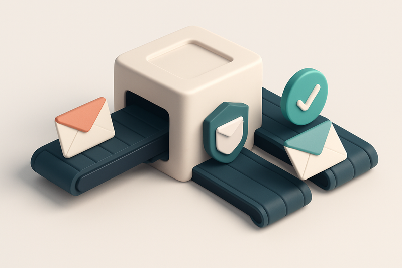 Hero: an isometric email inbox with envelopes labeled 'invalid', 'catch-all', and 'valid' being sorted onto separate con