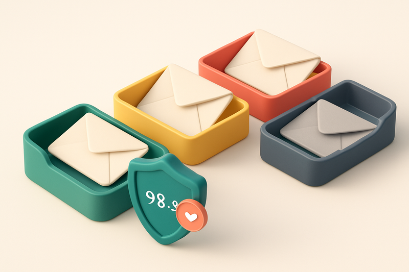 An isometric email inbox with envelopes labeled 'Valid', 'Catch-All', 'Invalid', and 'Disposable' being sorted onto gree