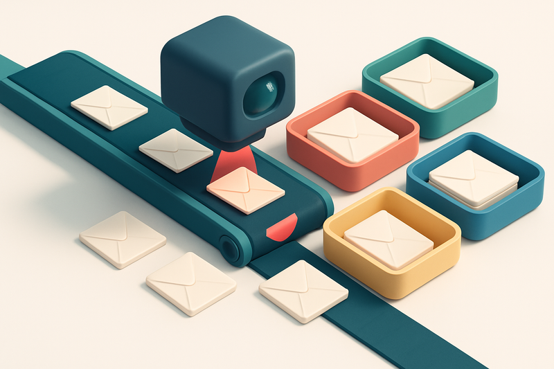 An isometric conveyor belt with envelopes labeled 'valid', 'invalid', 'risky', and 'catch-all' being sorted into separat