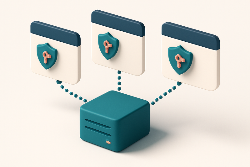 An isometric email service dashboard showing multiple domain tabs labeled 'company1.com', 'app1.company1.com', and 'mark