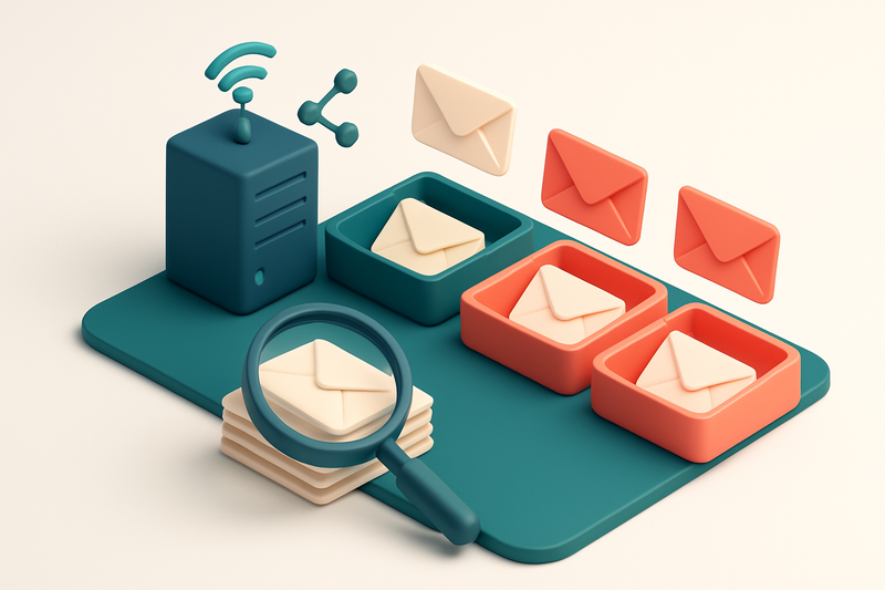 An isometric email inbox with envelopes being sorted into three trays: green 'Valid', red 'Invalid', and amber 'Risky',