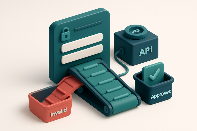 Hero: an isometric view of a secure loan application dashboard with a green 'Valid' conveyor belt moving toward a 'Appro