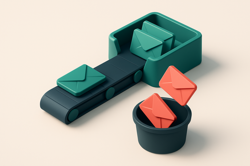 An isometric digital inbox with a conveyor belt carrying envelopes—green ones marked 'valid' and 'confirmed' go into the