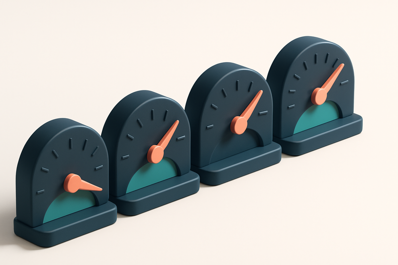 a row of four gauges, each showing a different bounce rate level (0%, 2%, 5%, 10%)