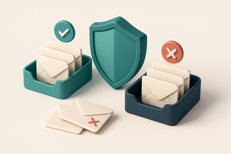 An isometric legal inbox with envelopes labeled 'Client A', 'Case X', 'Not Found' — green checkmarks on a 'Valid' tray,