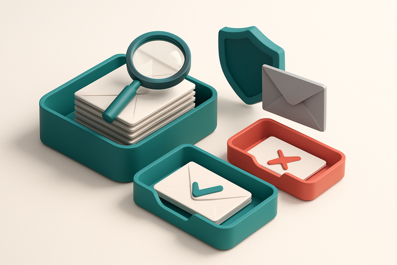 An isometric email inbox with envelopes being sorted onto a green 'valid' tray and a red 'invalid' tray, a magnifying gl