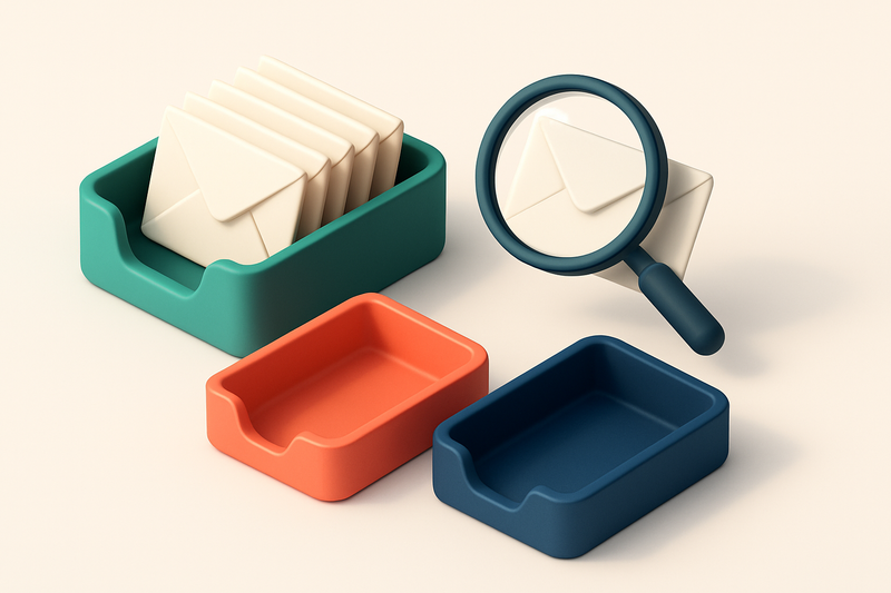 An isometric view of a green inbox with envelopes stacked neatly; a red 'invalid' tray and a blue 'catch-all' tray sit b