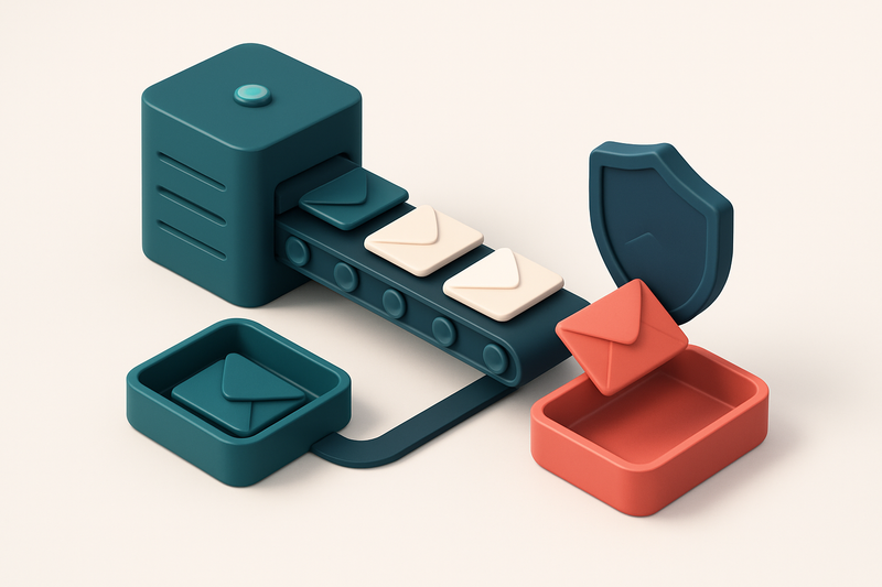 An isometric server stack sending envelopes labeled 'Valid', 'Risky', 'Invalid', and 'Catch-all' through a labeled conve