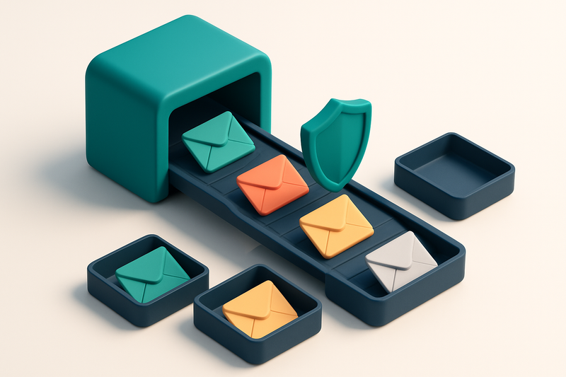 Hero: an isometric email inbox with a high-speed conveyor belt delivering envelopes, each labeled with a verdict—green '