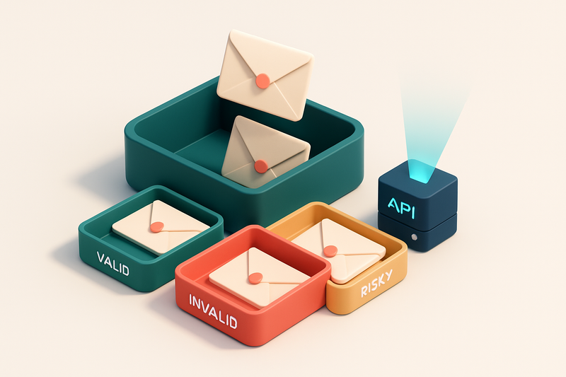 An isometric email inbox with envelopes being sorted into a green 'valid' tray, a red 'invalid' tray, and a yellow 'risk